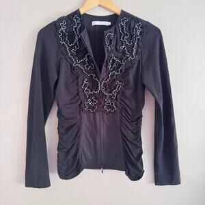 Anne Fontaine Black Embellished Zip Front Blouse Long Sleeve Ruffle Top 6-8